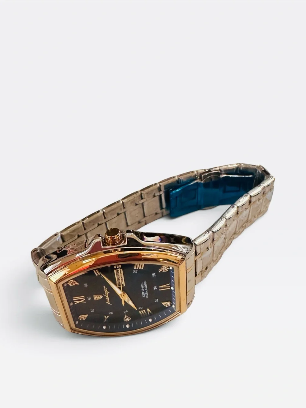 wGold-Tone Smartwatch with Blue Dial and Pyramid-Link Bracelet